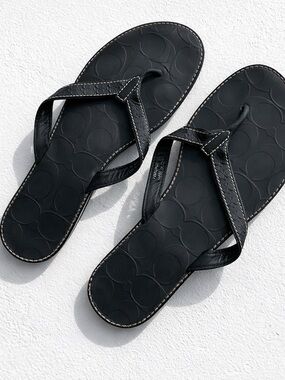 Coach Black Signature Thong Sandals Leather Flip Flops Minimal 8